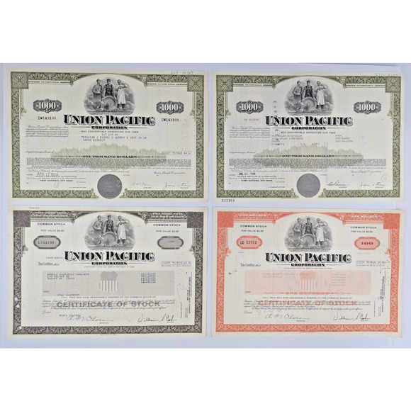 Union Pacific Co Railroad Shares Certificates Assorted Lot of 4 - Picture 1 of 9